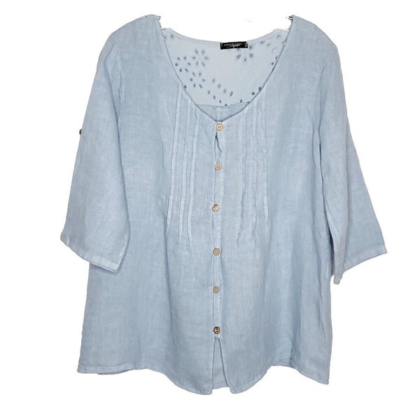 Lungo L'arno Linen Embroidered Eyelet Top S Blue Roll Tab Sleeve Italy Lagenlook - Picture 1 of 5